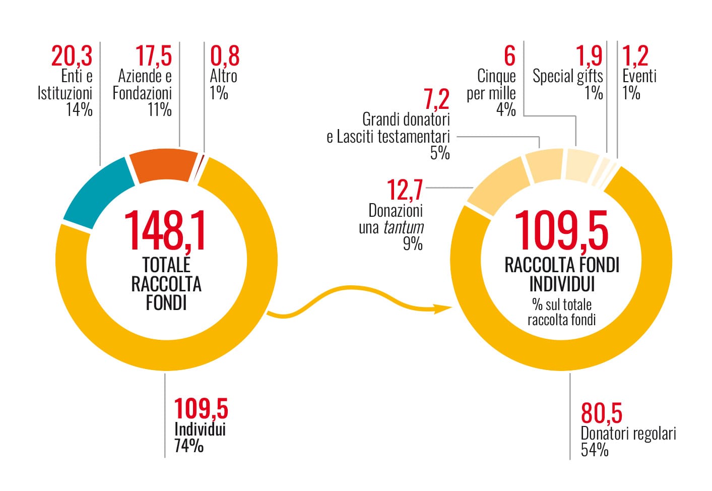 Infografica che descrive la provenienza della raccolta fondi dell'anno 2021